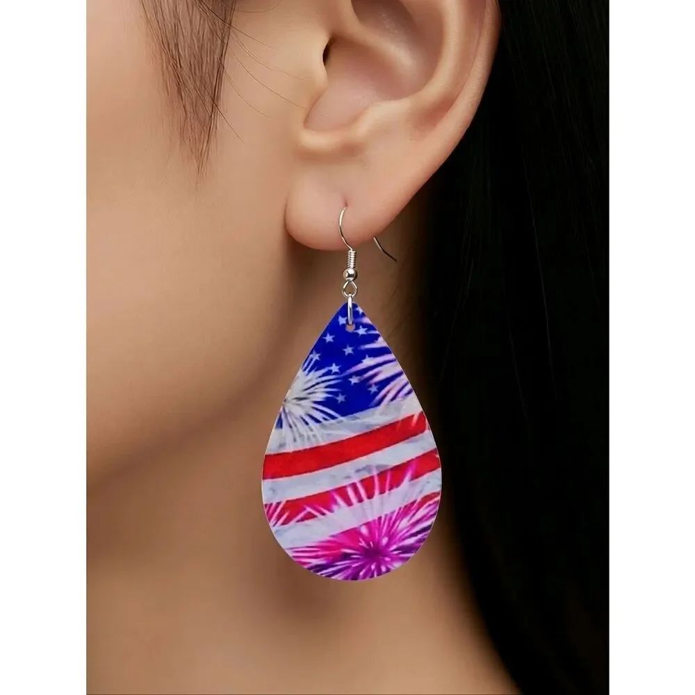 July 4 Holiday Earrings Fireworks American Flag Leather Dangle Drop Ear Jewelry